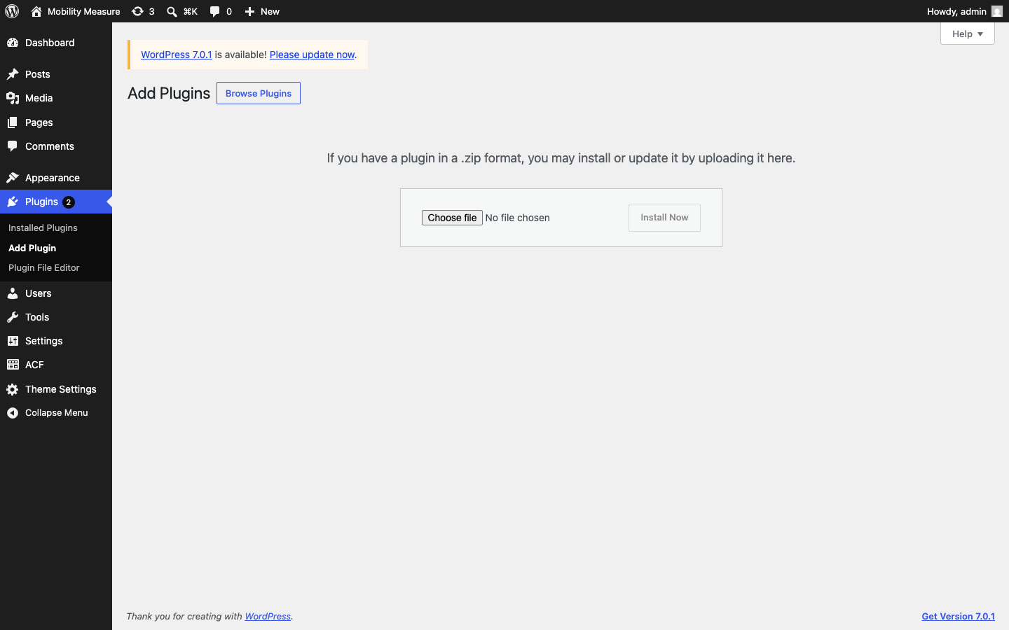 Plugin upload screen