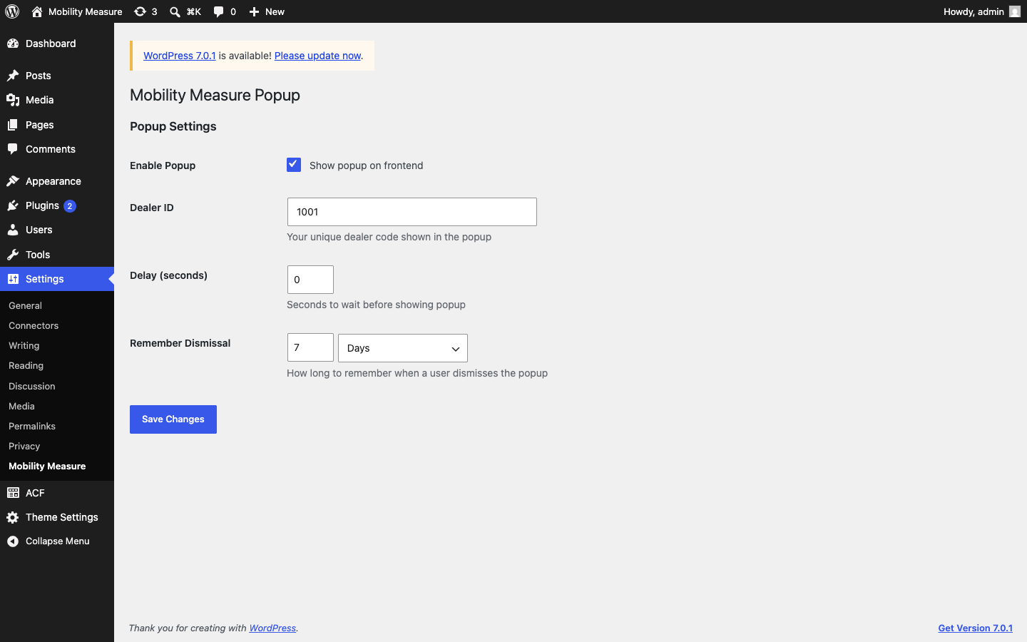 Plugin settings page with dealer code