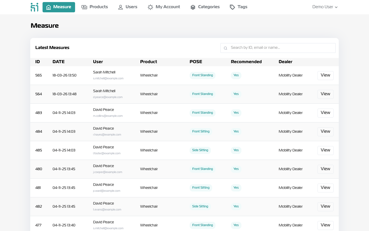 Dealer portal showing customer measurements
